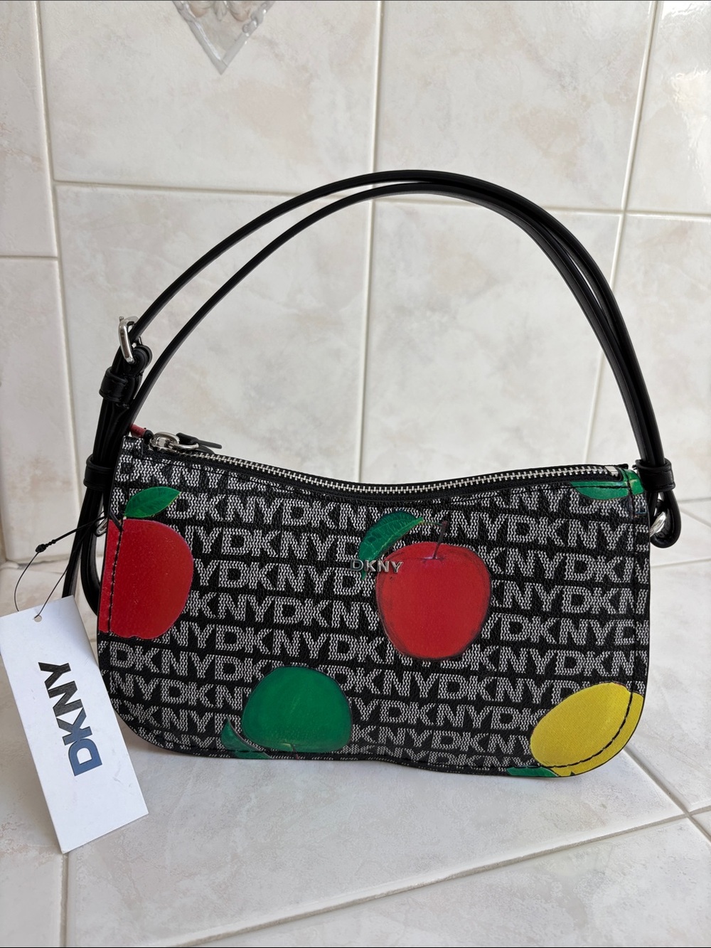 DKNY Black Logo Canvas Jessa Shoulder Bag with Red, Green & Yellow Apple Print